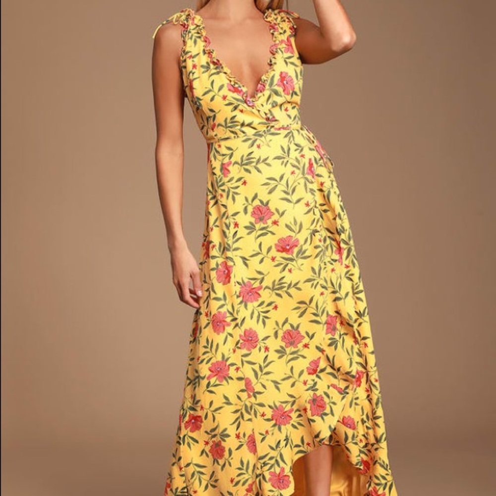 Lulu’s Yellow Floral Ruffled High-Low Wrap Dress